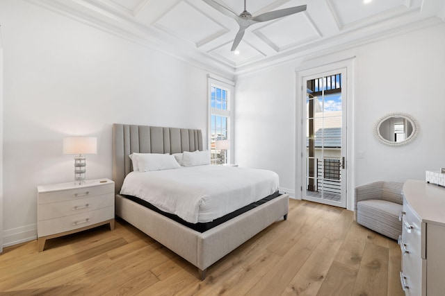 bedroom with access to outside, crown molding, coffered ceiling, light hardwood / wood-style floors, and ceiling fan