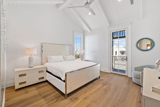 bedroom with high vaulted ceiling, beamed ceiling, ceiling fan, light hardwood / wood-style flooring, and access to exterior