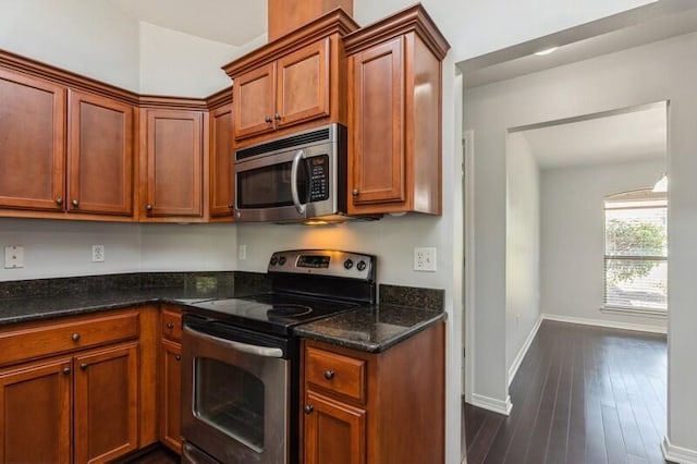 kitchen with dark stone countertops, dark hardwood / wood-style flooring, and stainless steel appliances