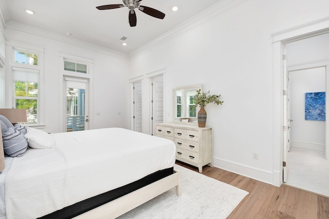 bedroom with ceiling fan, light hardwood / wood-style floors, access to exterior, and ornamental molding