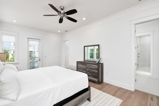 bedroom with light wood-type flooring, connected bathroom, access to exterior, ceiling fan, and crown molding