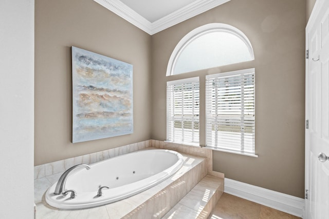 bathroom with tile patterned floors, a relaxing tiled tub, and ornamental molding