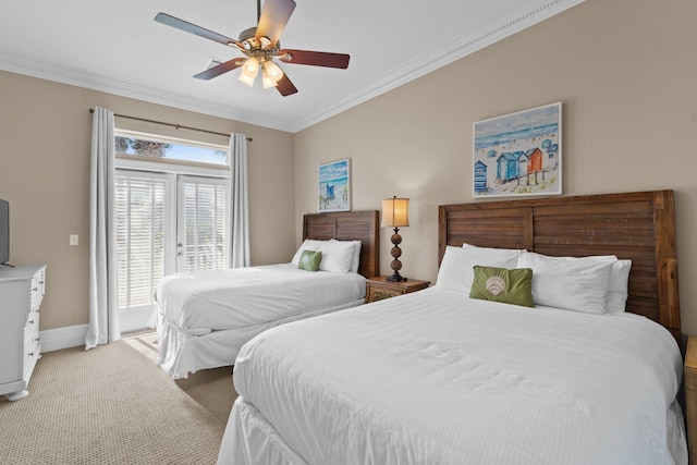 carpeted bedroom featuring crown molding, access to exterior, and ceiling fan