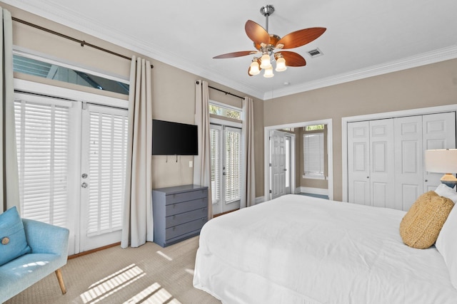 carpeted bedroom with access to outside, ornamental molding, and ceiling fan