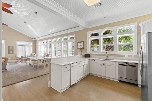 kitchen featuring kitchen peninsula, stainless steel appliances, sink, and plenty of natural light