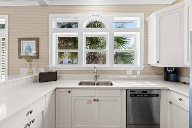 kitchen with sink, white cabinetry, and stainless steel dishwasher