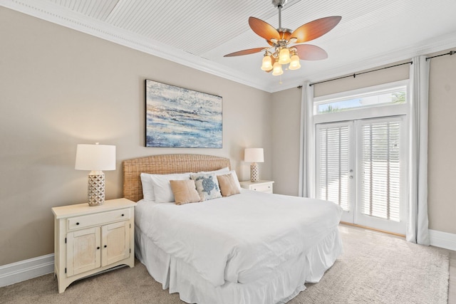 carpeted bedroom with crown molding, access to outside, and ceiling fan