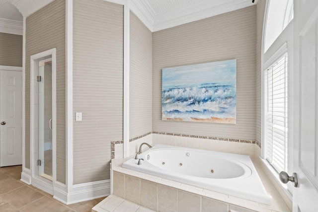 bathroom with ornamental molding, tile patterned flooring, and separate shower and tub