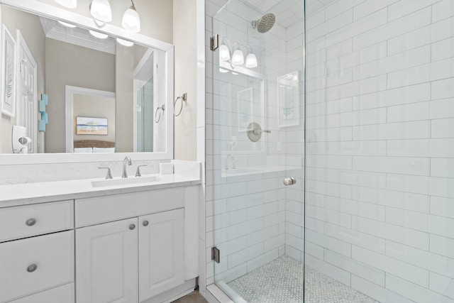 bathroom with vanity and walk in shower