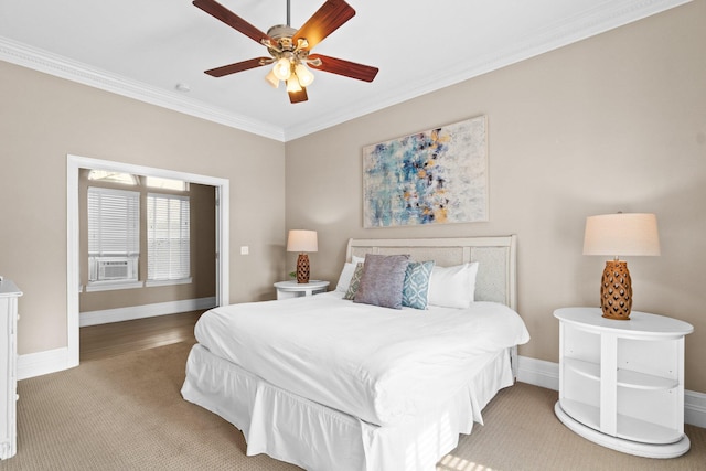 bedroom with cooling unit, ornamental molding, and ceiling fan