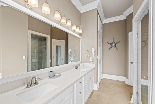 bathroom featuring dual vanity, tile patterned floors, and crown molding