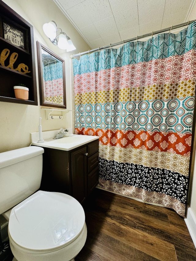 bathroom featuring vanity, toilet, and hardwood / wood-style flooring