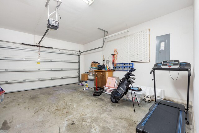 garage featuring electric panel and a garage door opener