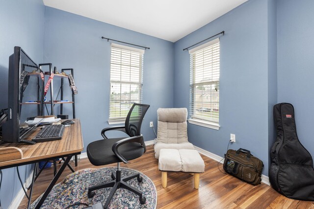 home office with hardwood / wood-style floors and a healthy amount of sunlight