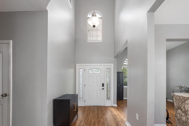 entrance foyer with a towering ceiling, a wealth of natural light, baseboards, and wood finished floors