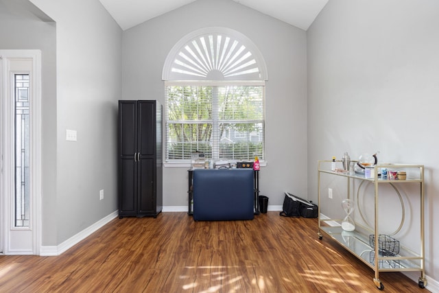 interior space featuring vaulted ceiling, wood finished floors, and baseboards