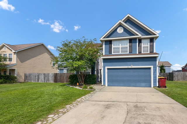 traditional-style house featuring a garage, driveway, a front lawn, and fence