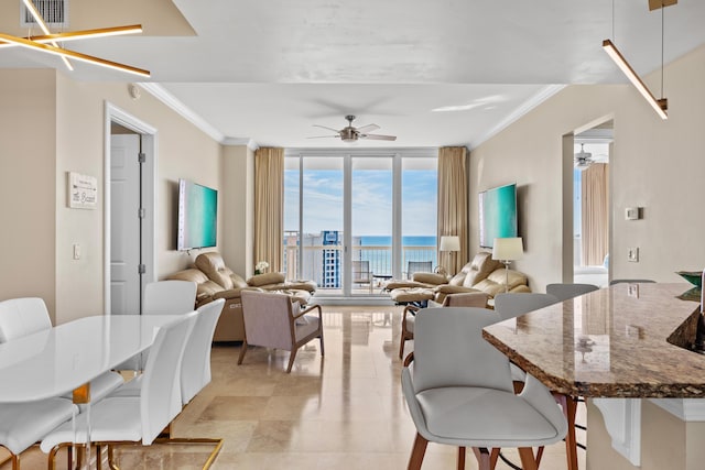 15100 Emerald Coast Pkwy Ph 2, Destin, FL 32541 - dining area featuring floor to ceiling windows, crown molding, visible vents, and ceiling fan