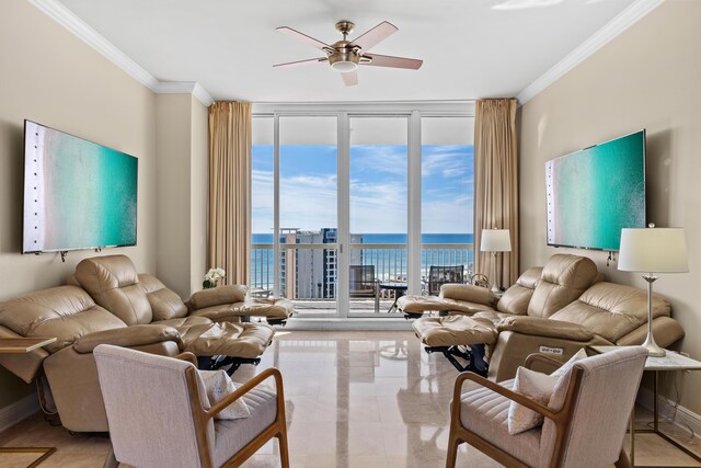15100 Emerald Coast Pkwy Ph 2, Destin, FL 32541 - living area featuring baseboards, expansive windows, ornamental molding, and ceiling fan