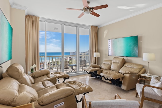 15100 Emerald Coast Pkwy Ph 2, Destin, FL 32541 - living area with ornamental molding, a ceiling fan, and floor to ceiling windows