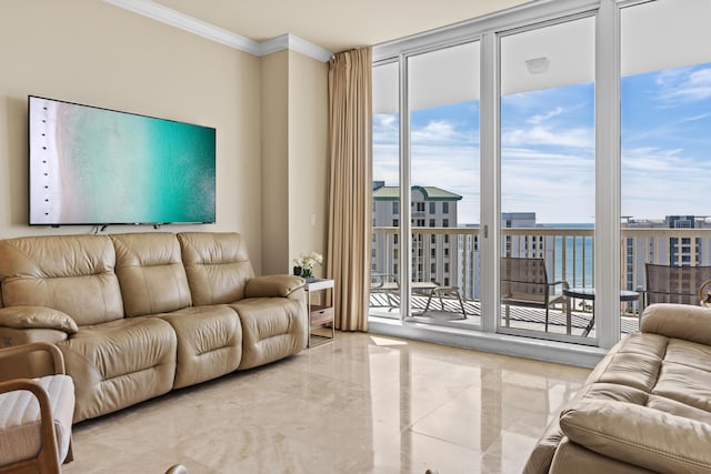 15100 Emerald Coast Pkwy Ph 2, Destin, FL 32541 - living room with a water view, marble finish floor, floor to ceiling windows, and crown molding