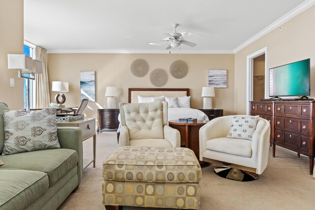 15100 Emerald Coast Pkwy Ph 2, Destin, FL 32541 - bedroom with ceiling fan, ornamental molding, and light colored carpet