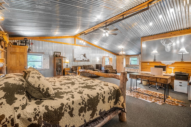 bedroom with carpet and lofted ceiling