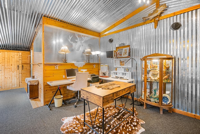 office featuring carpet floors, vaulted ceiling, and wood walls