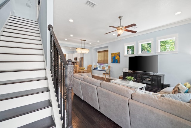 living room with crown molding, ceiling fan, and dark hardwood / wood-style floors