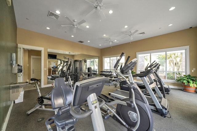 workout area featuring ceiling fan