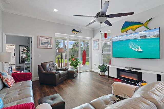 living room featuring dark hardwood / wood-style flooring, ceiling fan, and ornamental molding