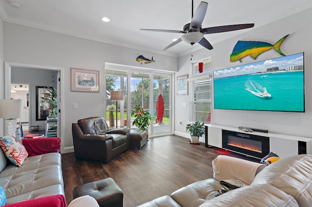 living room with ornamental molding, dark wood-type flooring, and ceiling fan