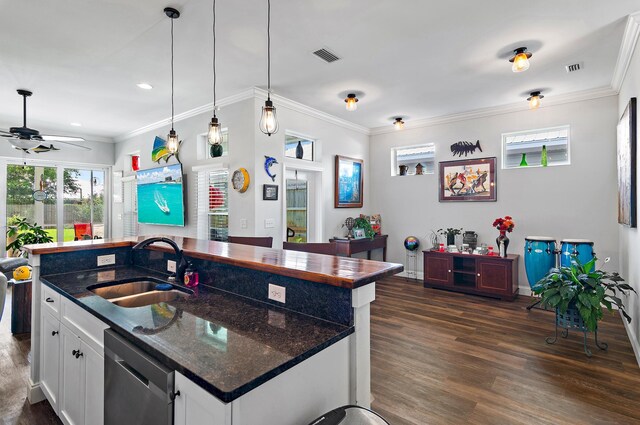 kitchen with sink, dark wood-type flooring, an island with sink, stainless steel dishwasher, and ceiling fan