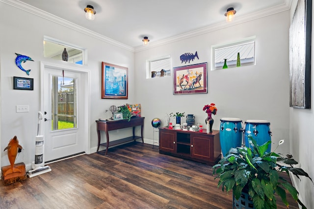 entrance foyer with crown molding and dark wood-type flooring