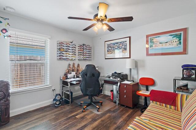 office space with ceiling fan and dark hardwood / wood-style floors