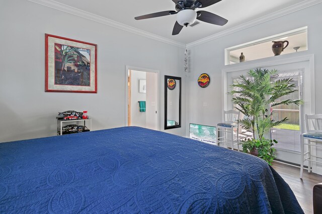 unfurnished bedroom featuring ceiling fan, crown molding, and wood-type flooring