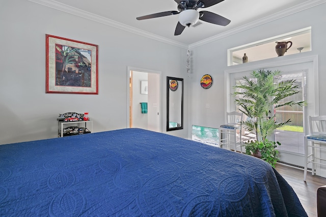 unfurnished bedroom featuring ceiling fan, ornamental molding, access to exterior, and hardwood / wood-style floors