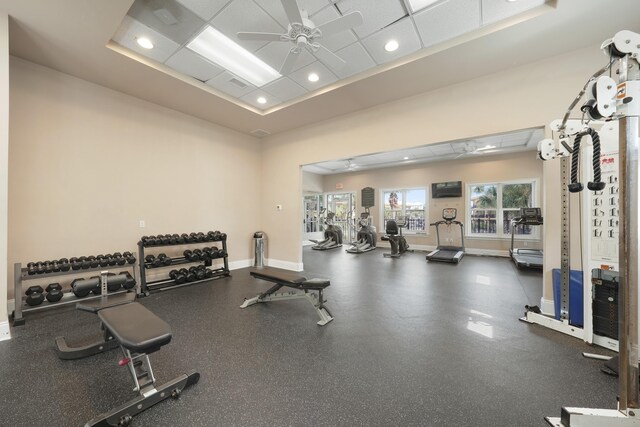 exercise room featuring ceiling fan, a drop ceiling, and a tray ceiling