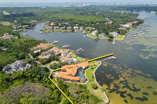 drone / aerial view with a water view