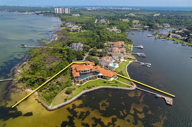 bird's eye view with a water view