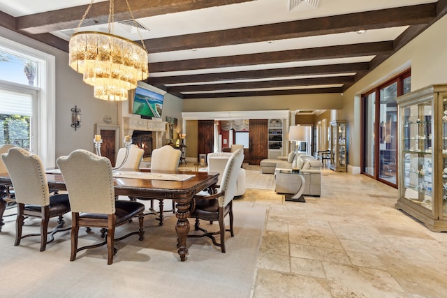 tiled dining area featuring beam ceiling and a notable chandelier