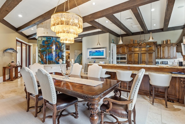 dining area featuring a notable chandelier, beamed ceiling, and light tile patterned floors