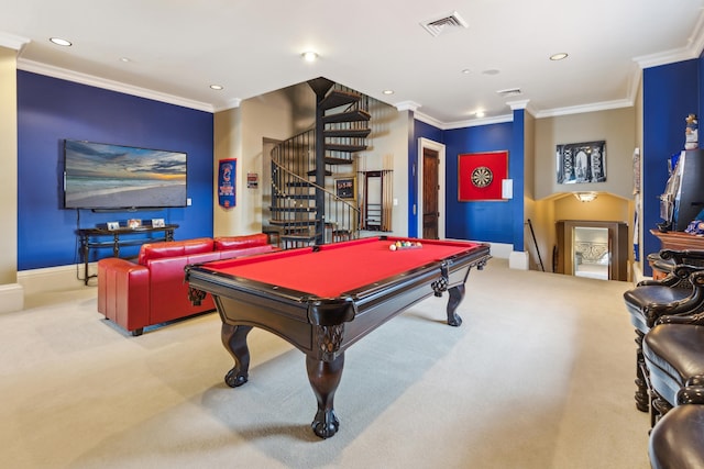 playroom featuring light carpet, pool table, and crown molding