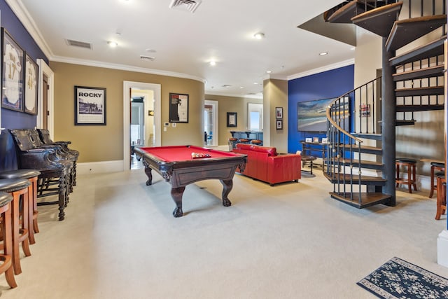 rec room featuring billiards, crown molding, and light colored carpet