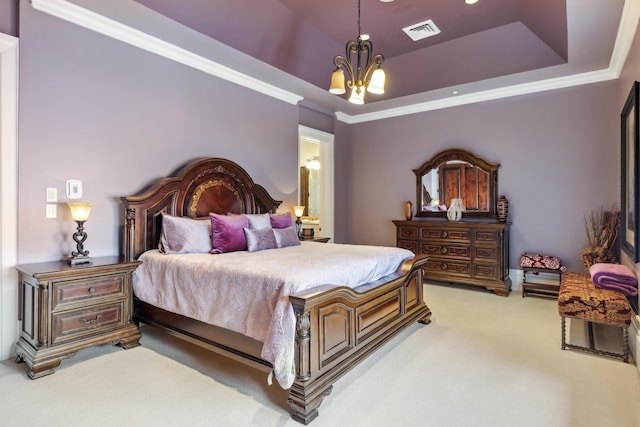 carpeted bedroom featuring a raised ceiling, ornamental molding, and a chandelier