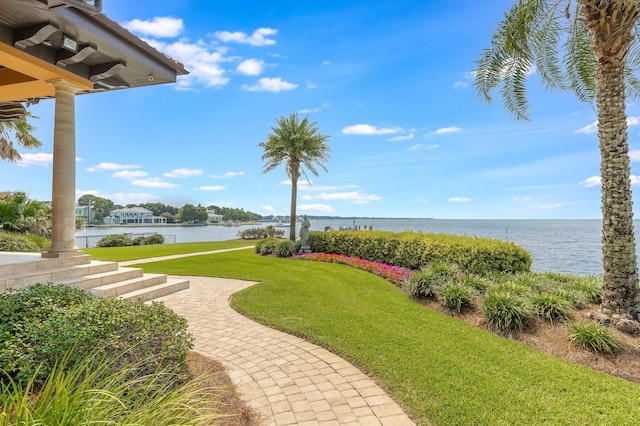 view of yard with a water view