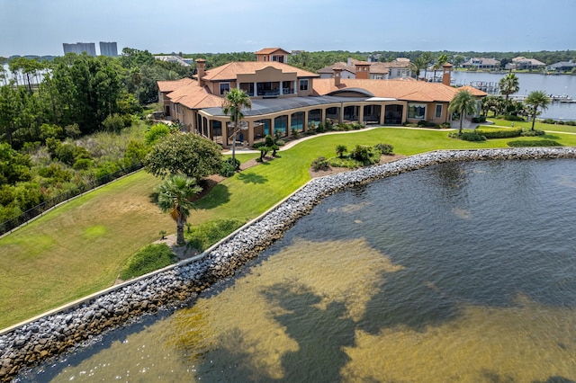 aerial view featuring a water view