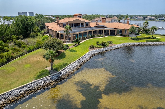 drone / aerial view featuring a water view