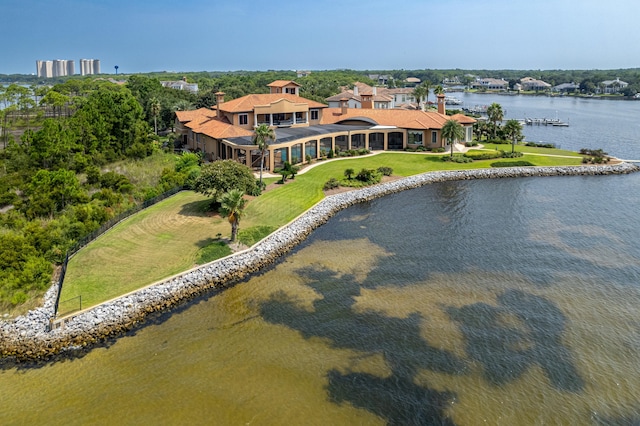 drone / aerial view featuring a water view