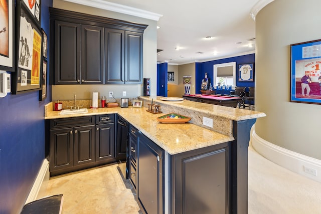 interior space featuring sink, light stone counters, crown molding, pool table, and light tile patterned floors